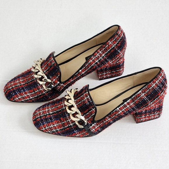 Nine West Red Plaid Slip-on Block Heel Loafers Shoes Size 8 - Picture 2 of 11